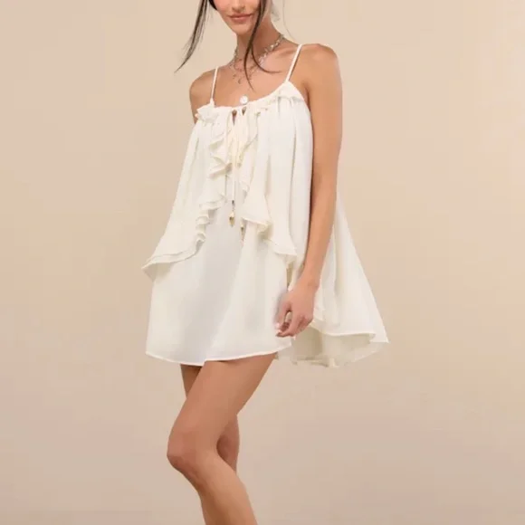 Lulus Nessie Ivory Sleeveless Ruffled Mini Dress size M - Picture 3 of 4